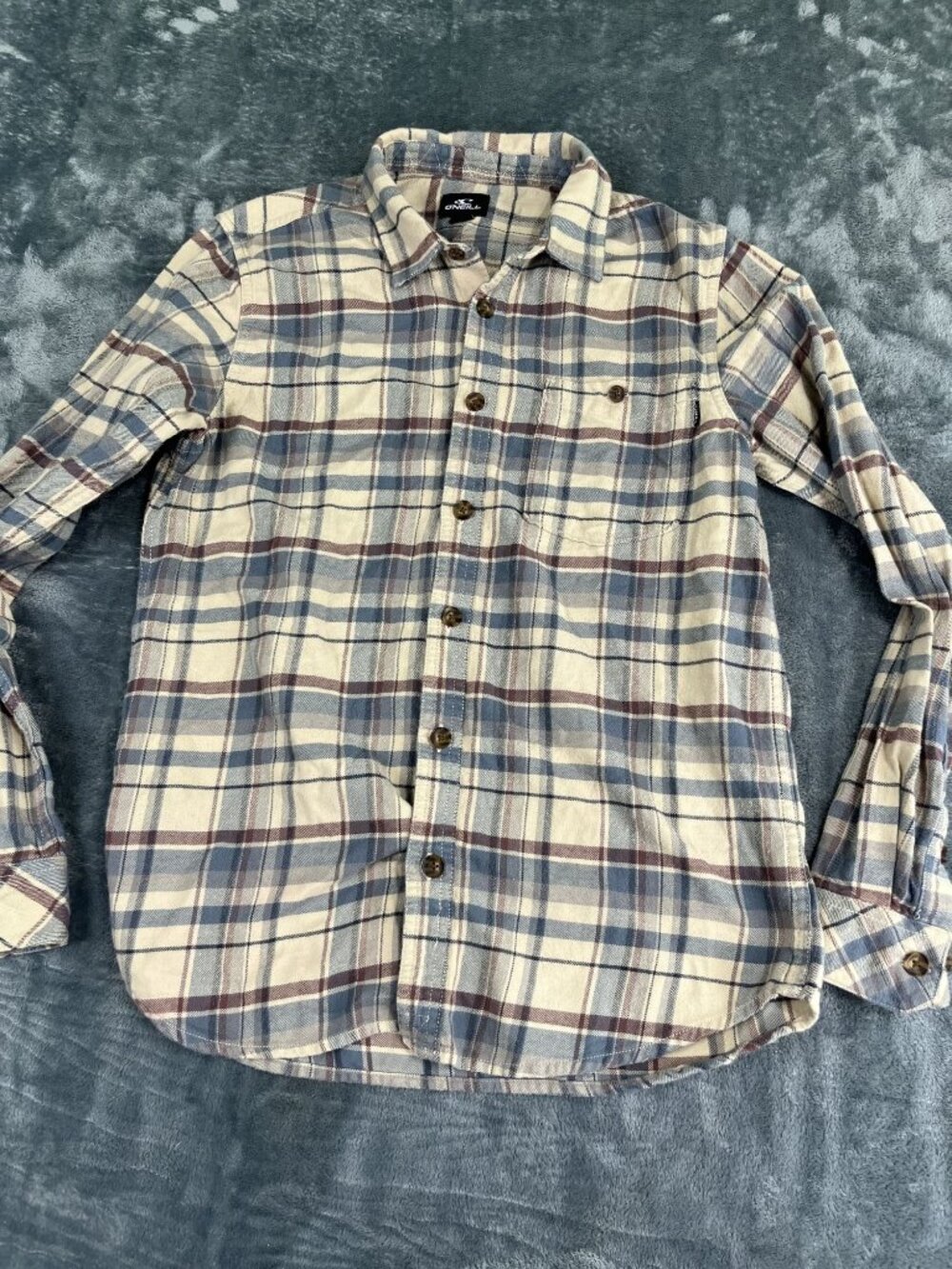 O'Neill Mens Beige Blue Plaid Flannel Shirt S